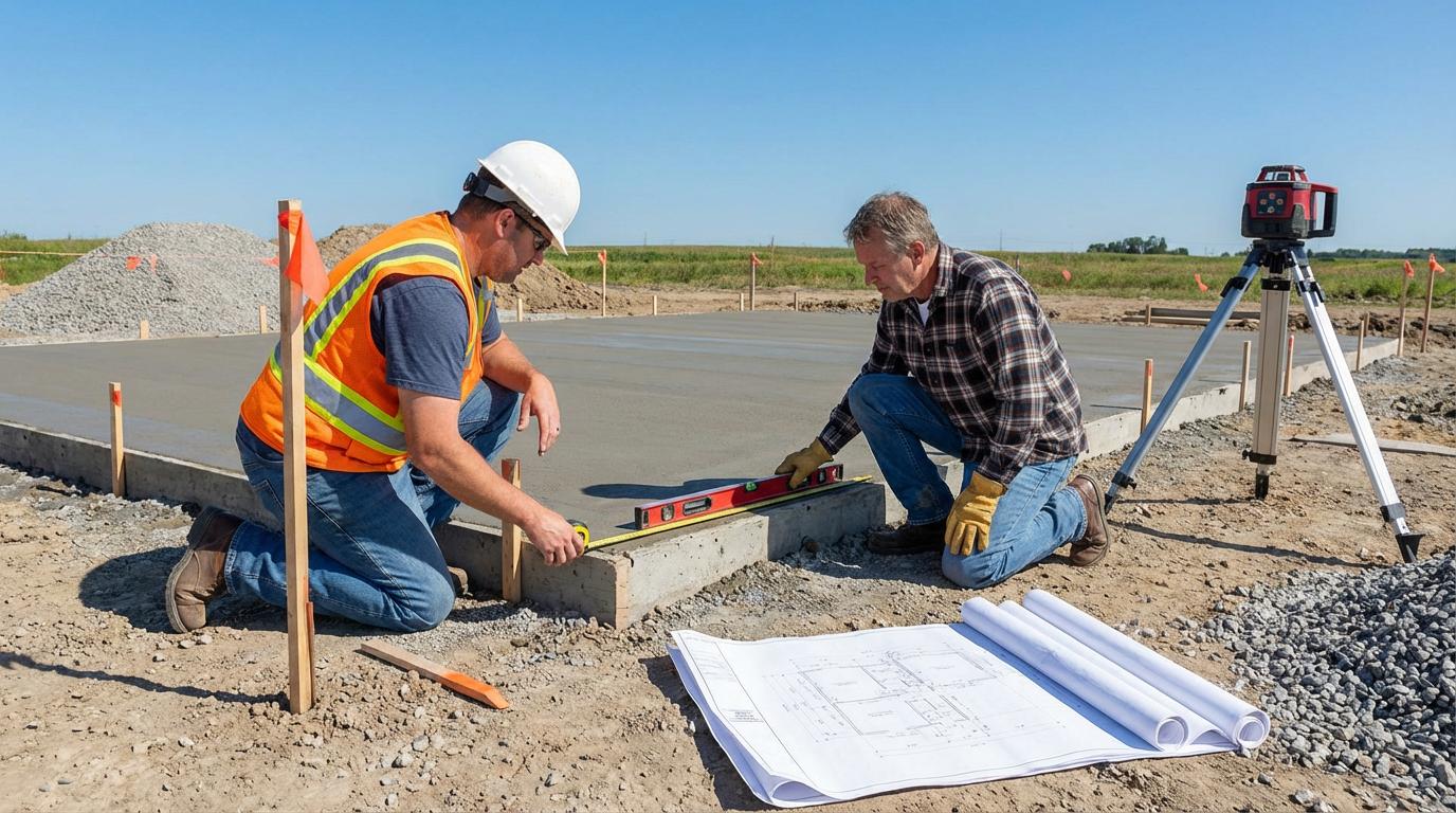 Arbejder og boligejer tjekker fundament