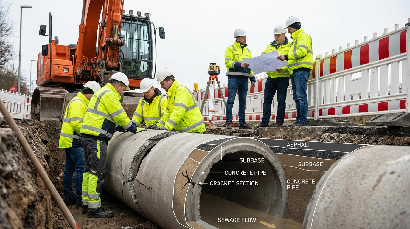 Kommunearbejdere inspicerer revnet kloakledning