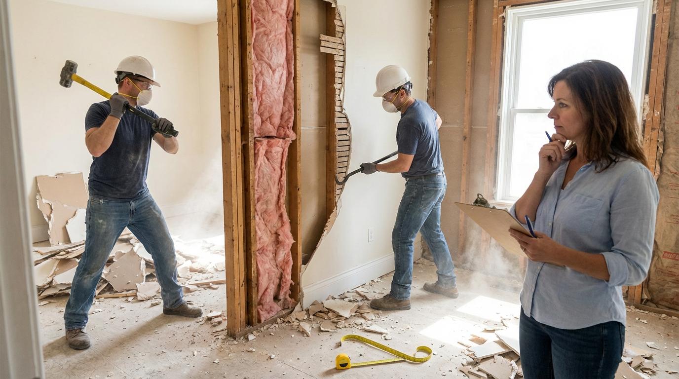 Arbejdere river væg; husejer observerer