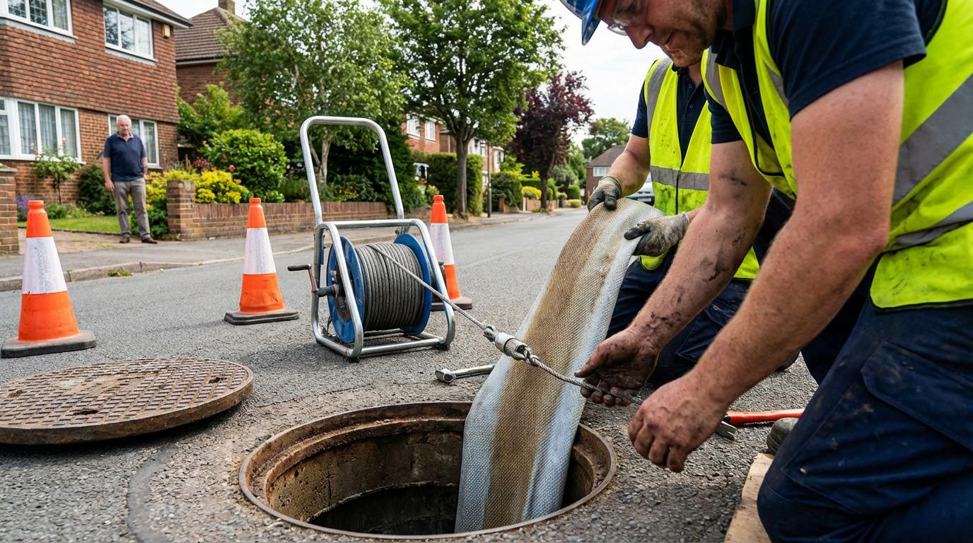 Arbejdere indsætter kloakforing