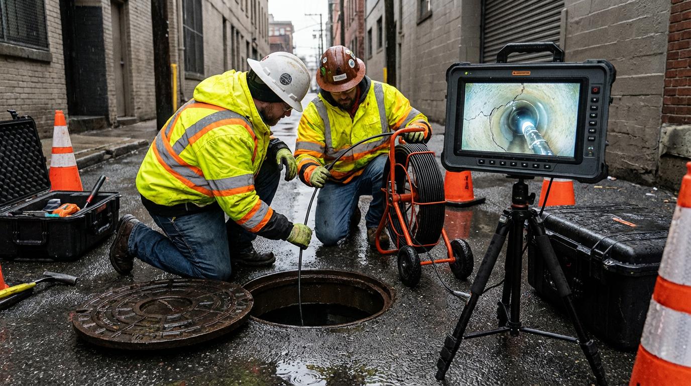 To arbejdere ved afløbsinspektion