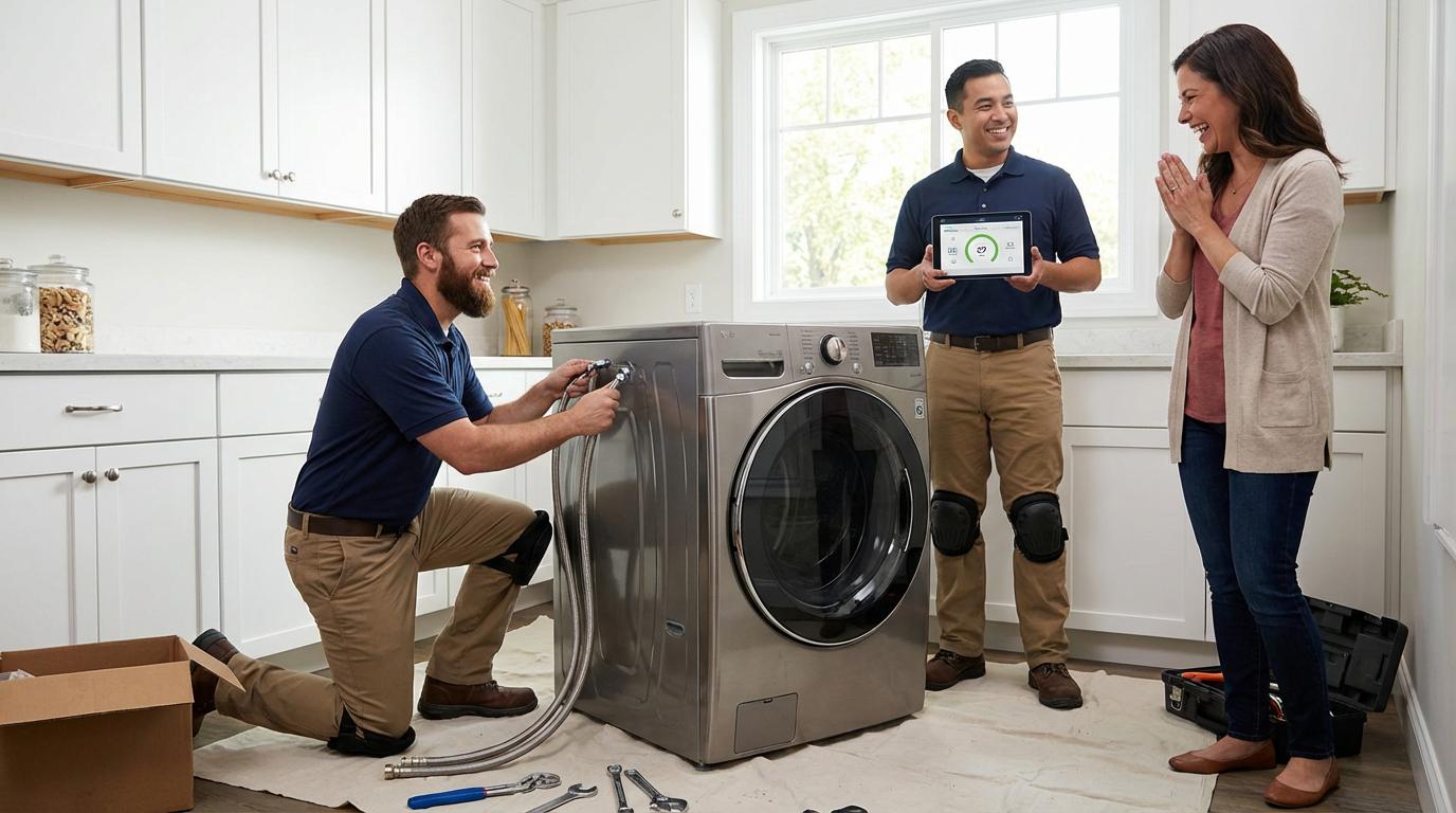 Teknikere installerer vaskemaskine, lettet husejer